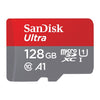 A SanDisk Ultra 128GB microSDXC card with a red and gray color scheme, featuring white text for the brand, capacity, and specifications, shown on a plain white background.