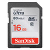 SanDisk Ultra 16GB SDHC memory card with a black plastic casing and a white label featuring red and black text, isolated on a white background.