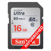 SanDisk Ultra 16GB SDHC memory card with a black plastic casing and a white label featuring red and black text, overlaid with a red diagonal 'REFURBISHED' banner.