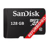 A SanDisk 128 GB microSDXC card shown on a plain white background, with a red diagonal banner reading REFURBISHED across the front.