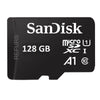 A SanDisk 128 GB microSDXC card in black with white text, shown on a plain white background.