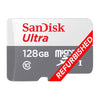 A SanDisk Ultra 128GB microSD card shown on a plain white background. The card has a white top half with red SanDisk Ultra branding, a gray bottom half with white text, and a red diagonal banner reading REFURBISHED.