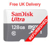 A SanDisk Ultra 128GB microSD card shown on a plain white background. The card has a white top half with red SanDisk Ultra branding, a gray bottom half with white text, and a red diagonal banner reading REFURBISHED and feature free delivery