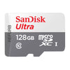A SanDisk Ultra 128GB microSD card shown on a plain white background. The card has a white top half with red SanDisk Ultra branding, a gray bottom half with white text