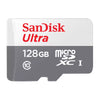 A SanDisk Ultra 128GB microSD card shown on a plain white background. The card has a white top half with red SanDisk Ultra branding, a gray bottom half with white text
