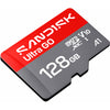 A Sandisk Ultra GO 128GB microSD card with a red and dark gray design, shown at an angle on a plain white background.