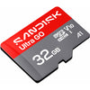 A Sandisk Ultra GO 32GB microSD card with a red and dark gray design, featuring white text for branding and specifications, shown on a clean white background.