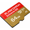 A Sandisk Extreme GO 64GB microSD card with a red and gold design, shown at an angle on a plain white background.