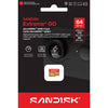 Sandisk Extreme GO 64GB microSDXC UHS-I Card in its retail packaging. The black card features red and white branding, product specifications, and a graphic of a camera lens, with a small illustration of the microSD card near the bottom.